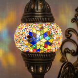 Lit close-up of mosaic glass globe — Multicolor wall sconce glowing (ENV APN1061)