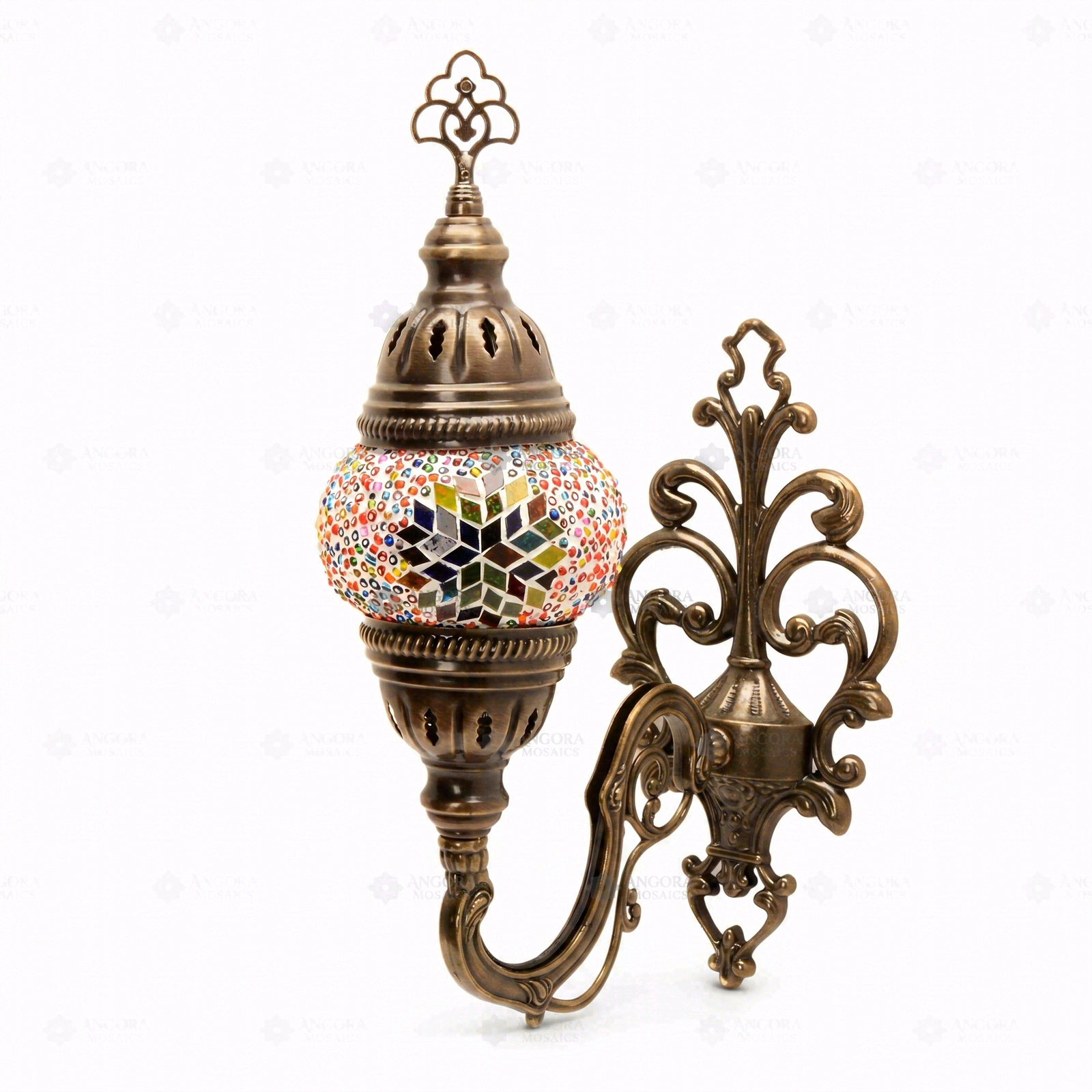 Full view of handmade Multicolor multicolor jewel Turkish mosaic wall sconce on white background (ENV APN1061)