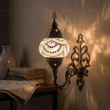 White white glow Turkish mosaic wall sconce in styled room — handmade Moroccan wall sconce (ENV APN2001)