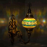 Multicolor Turkish mosaic wall sconce illuminated, showing colorful light projection (ENV APN2003)