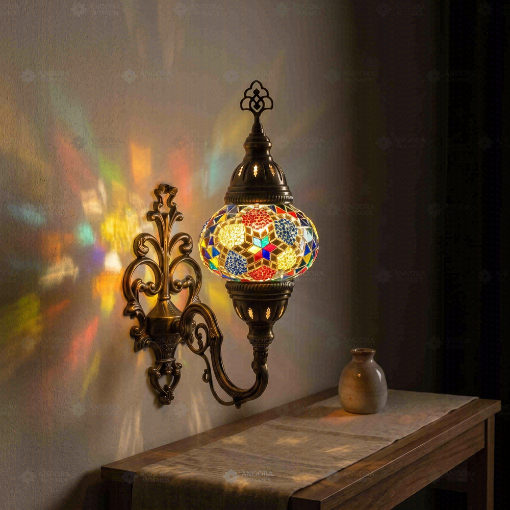 Multicolor Wall Sconce, lit in a room
