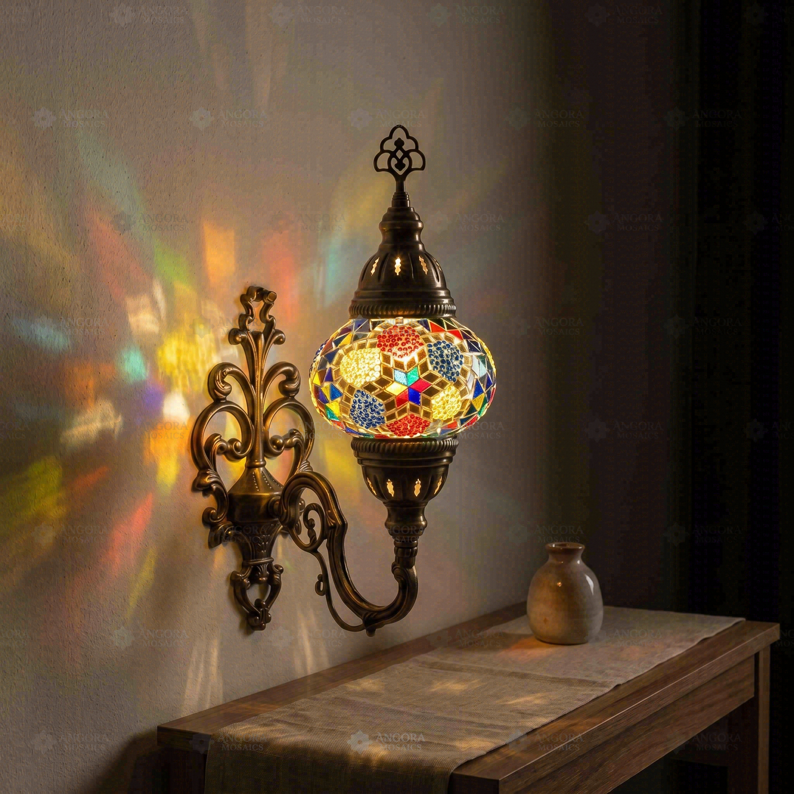 Multicolor multicolor jewel Turkish mosaic wall sconce in styled room — handmade Moroccan wall sconce (ENV APN2008)