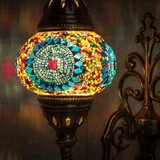 Lit close-up of mosaic glass globe — Multicolor wall sconce glowing (ENV APN2010)
