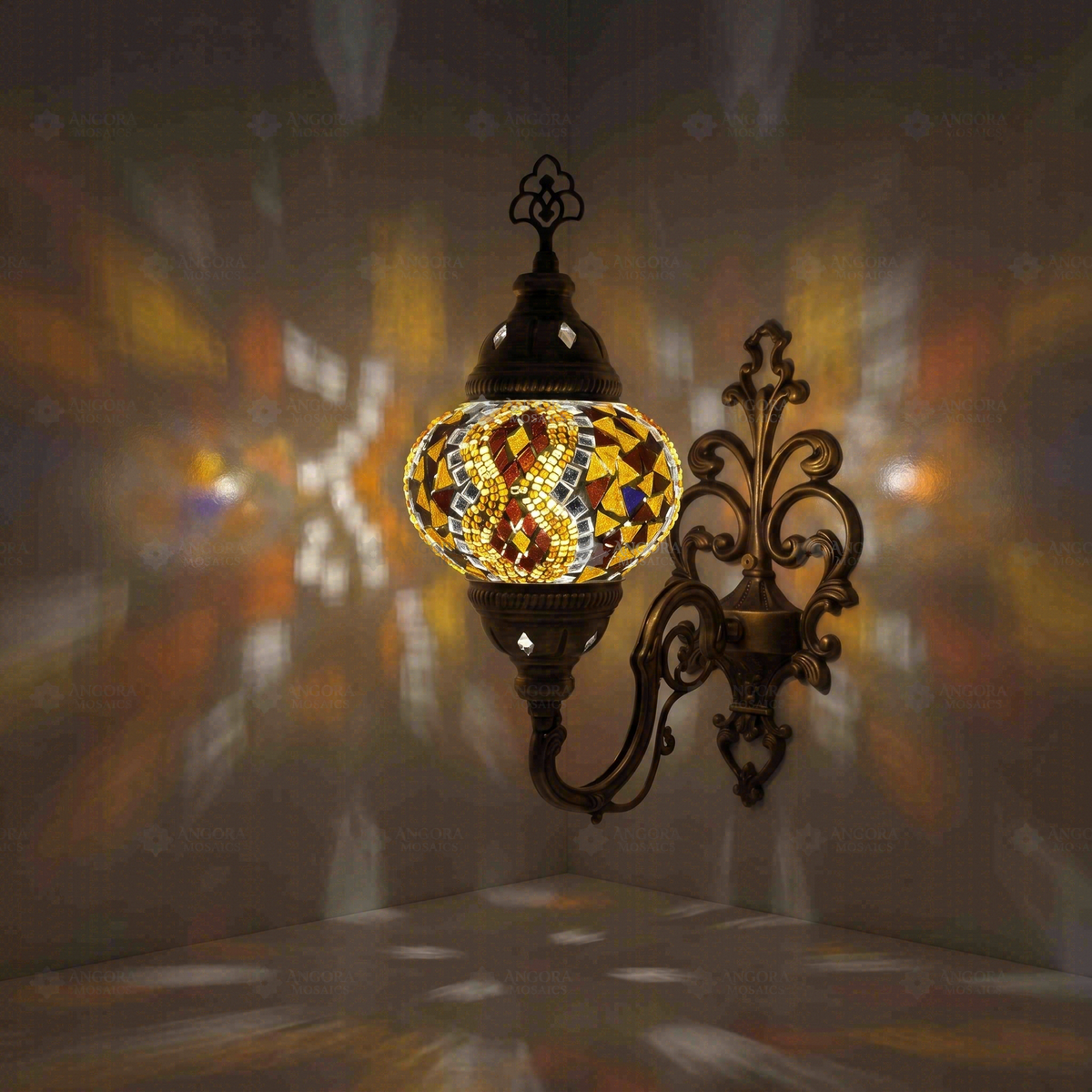 Amber Wall Sconce, switched on, glowing in a dark room