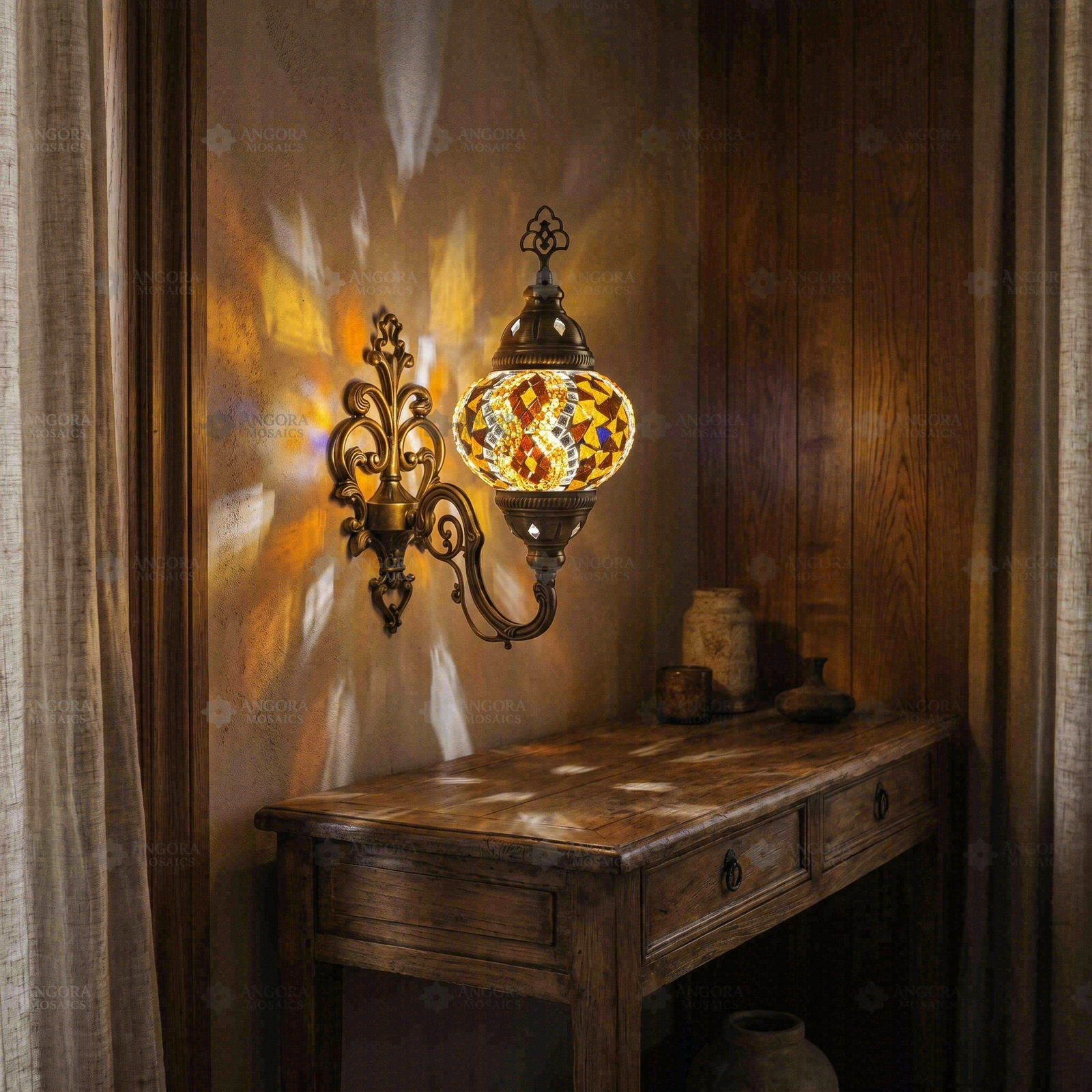 Amber warm amber Turkish mosaic wall sconce in styled room — handmade Moroccan wall sconce (ENV APN2015)