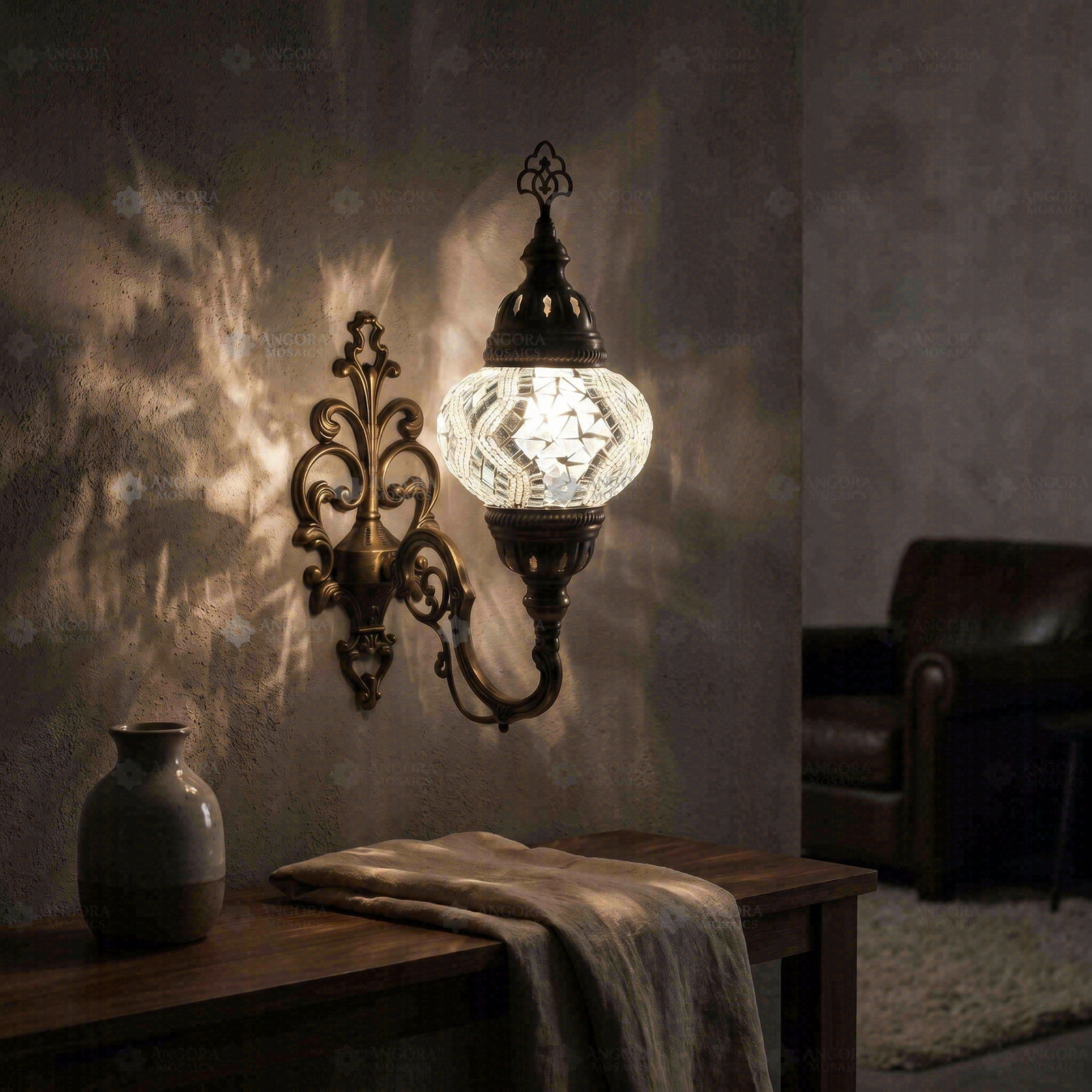 White white glow Turkish mosaic wall sconce in styled room — handmade Moroccan wall sconce (ENV APN2017)