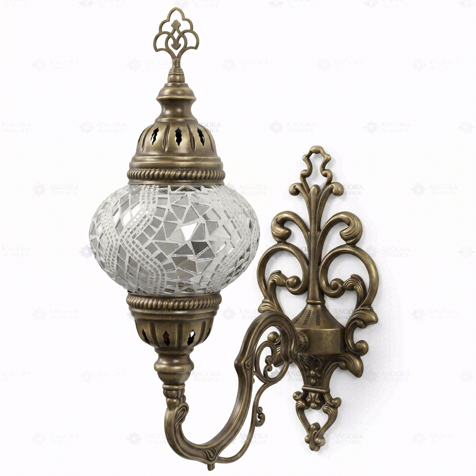 Full view of handmade White white glow Turkish mosaic wall sconce on white background (ENV APN2017)