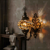 Amber warm amber Turkish mosaic wall sconce in styled room — handmade Moroccan wall sconce (ENV APN2079)
