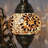 Lit close-up of mosaic glass globe — Amber wall sconce glowing (ENV APN2118)