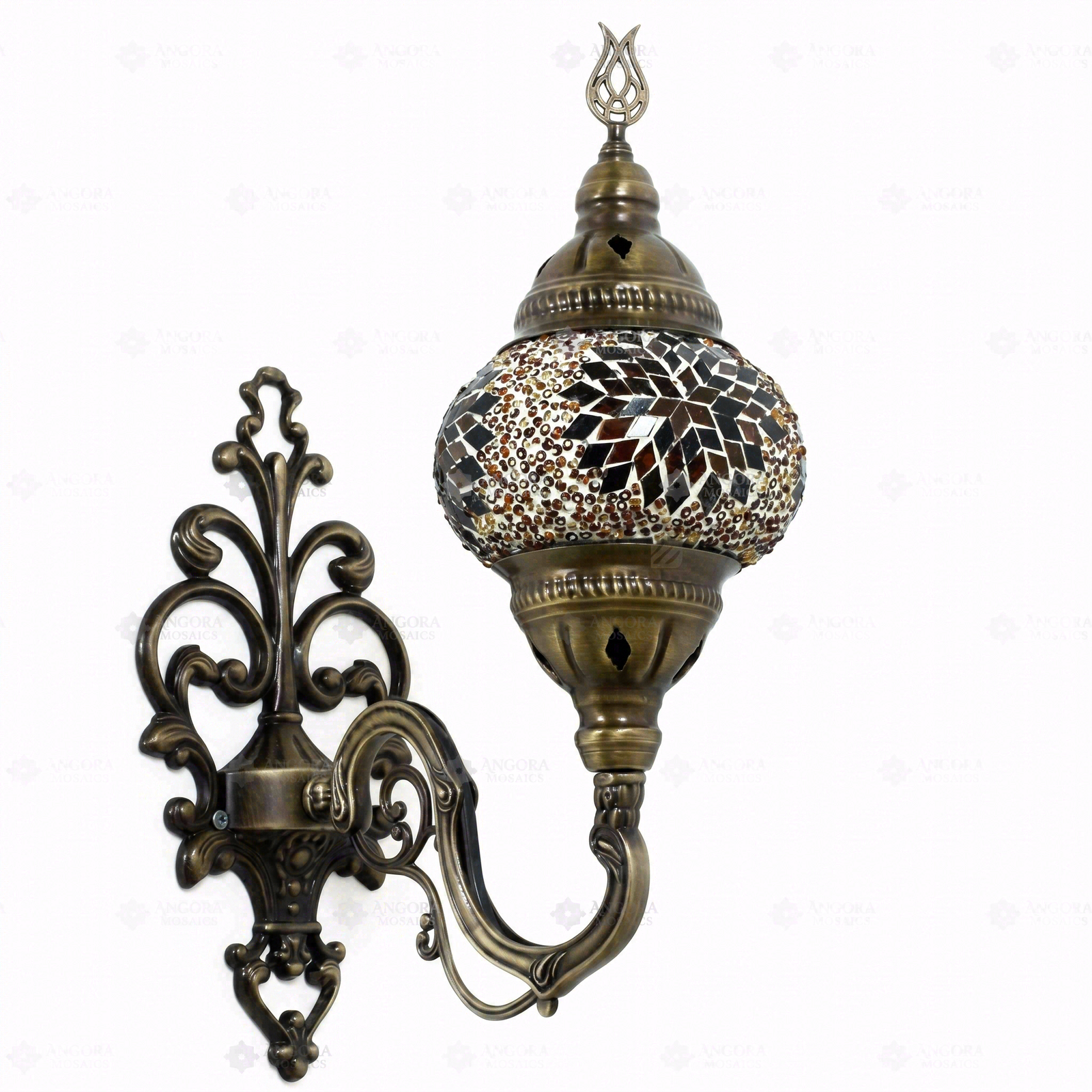 Full view of handmade Amber warm amber Turkish mosaic wall sconce on white background (ENV APN2118)