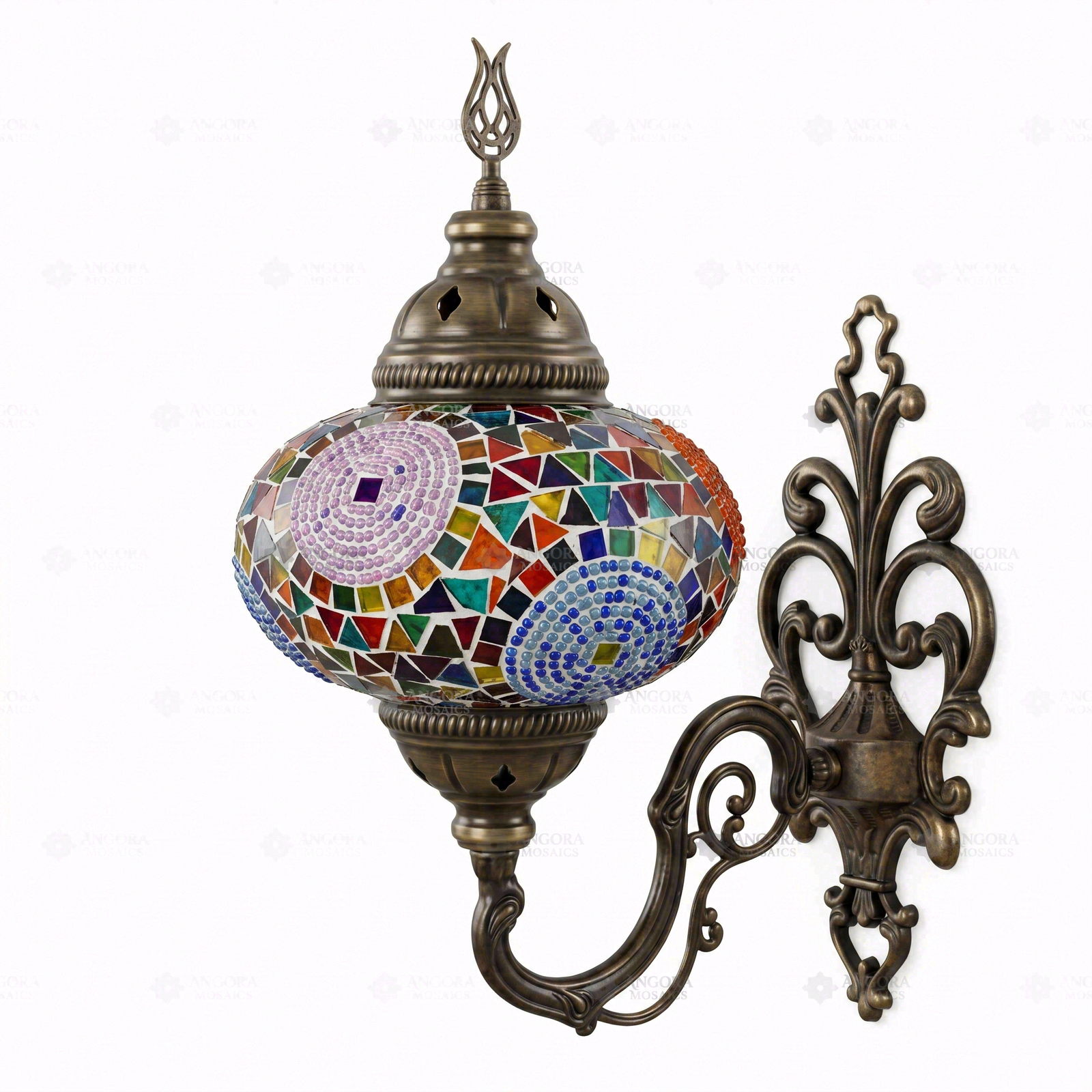 Full view of handmade Multicolor multicolor jewel Turkish mosaic wall sconce on white background (ENV APN3001)