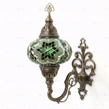 Full view of handmade Green green jewel Turkish mosaic wall sconce on white background (ENV APN3003)