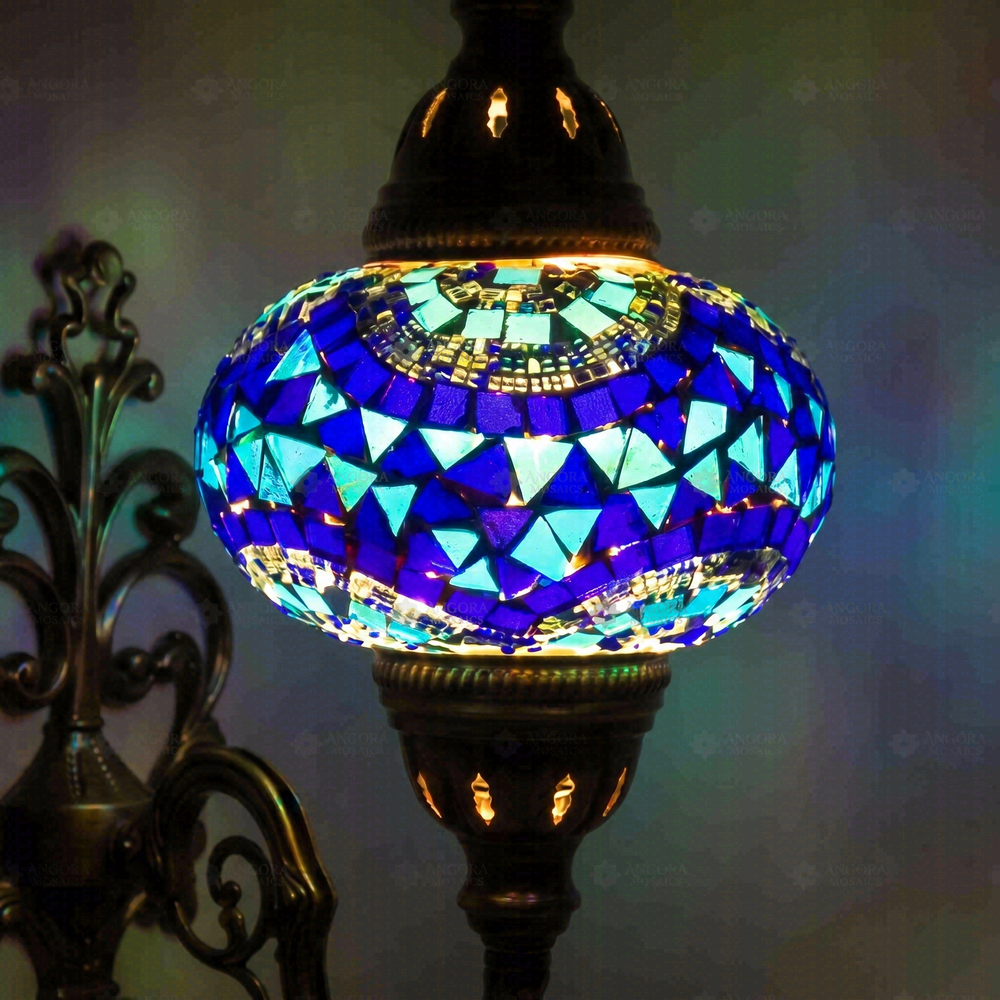 Blue Wall Sconce, close-up of the lit glass