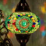 Lit close-up of mosaic glass globe — Blue wall sconce glowing (ENV APN3006)