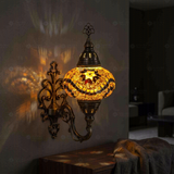 Amber warm amber Turkish mosaic wall sconce in styled room — handmade Moroccan wall sconce (ENV APN3009)