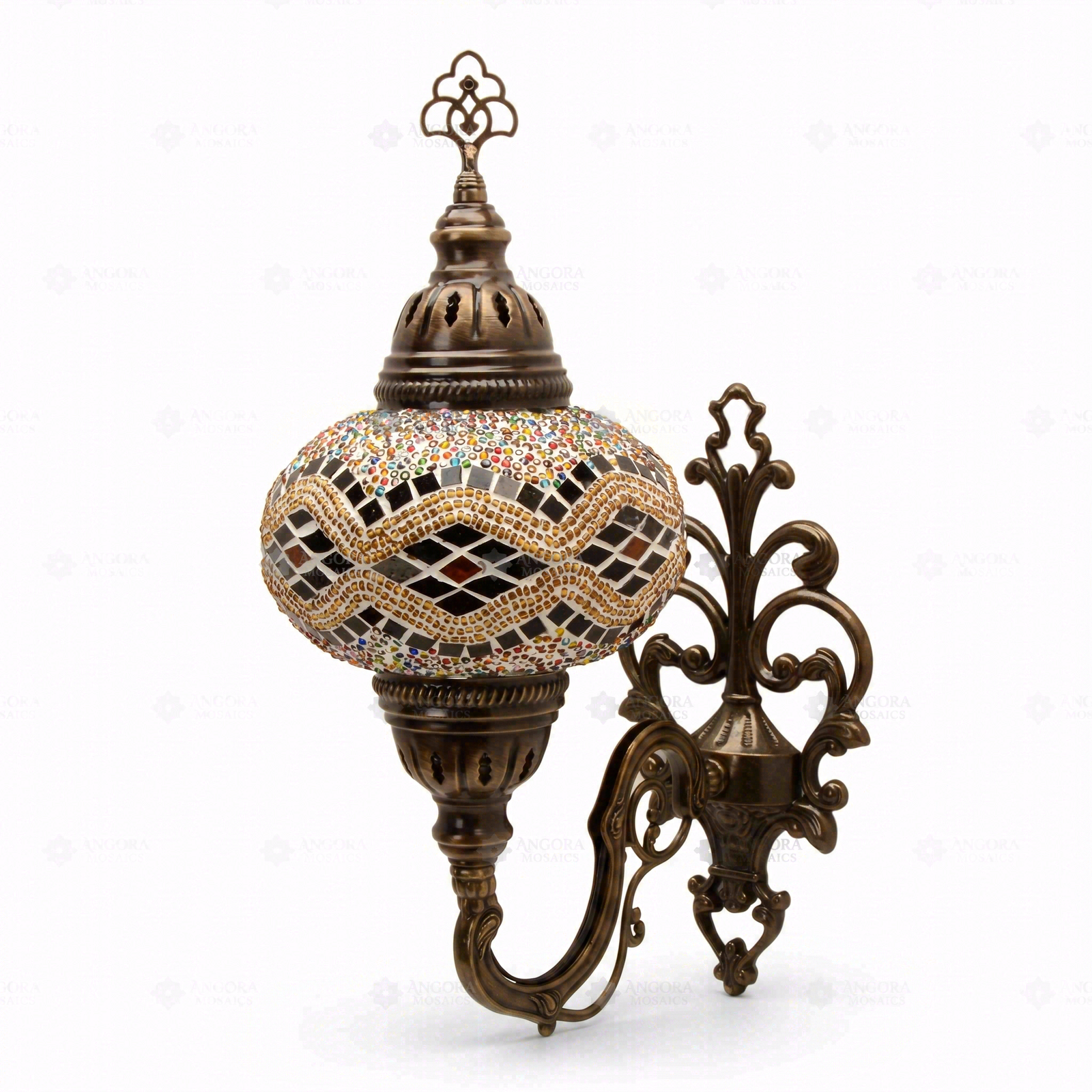 Full view of handmade Multicolor multicolor jewel Turkish mosaic wall sconce on white background (ENV APN3013)