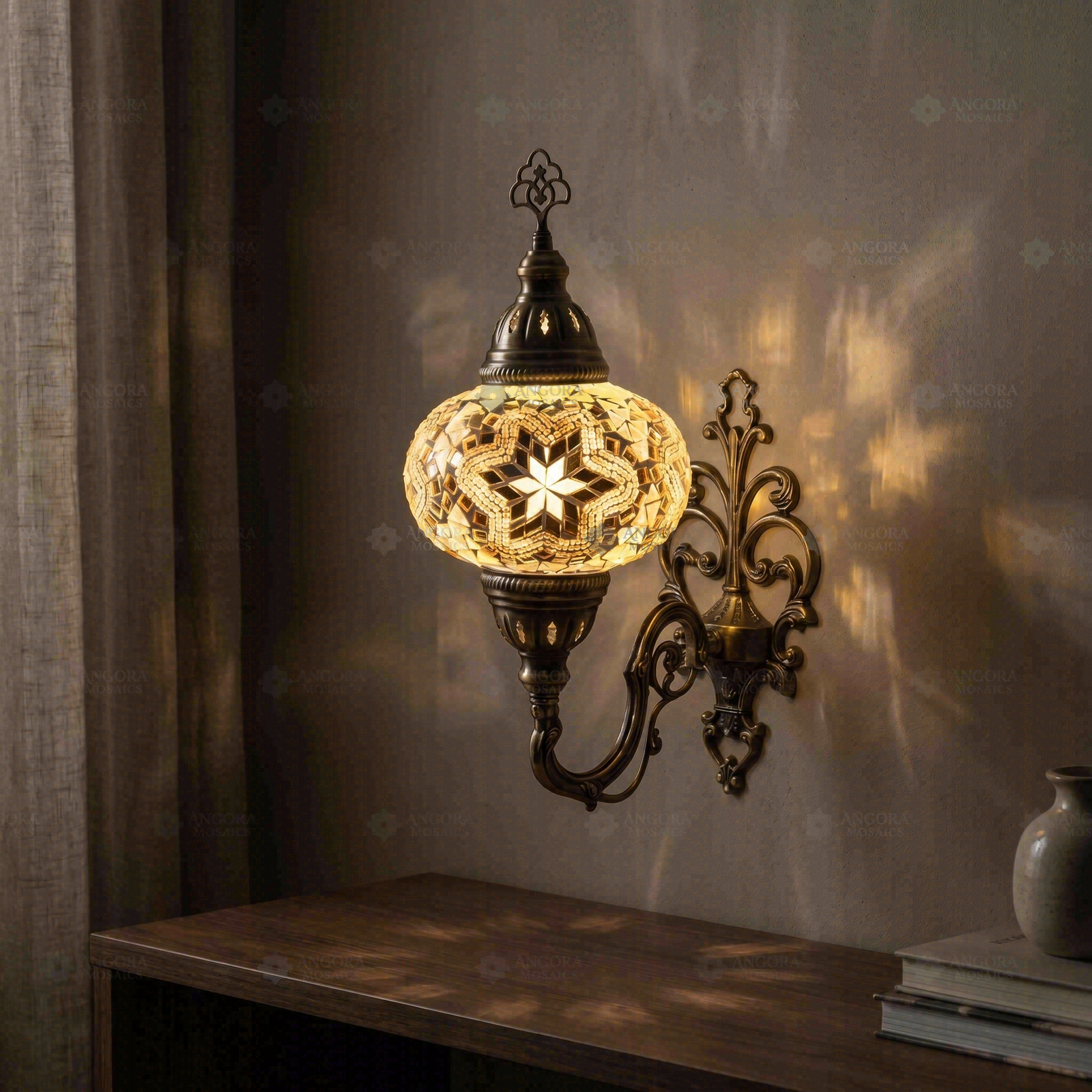 Clear clear neutral Turkish mosaic wall sconce in styled room — handmade Moroccan wall sconce (ENV APN3015)