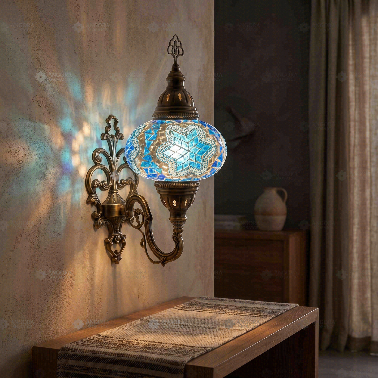 Blue blue jewel Turkish mosaic wall sconce in styled room — handmade Moroccan wall sconce (ENV APN3016)