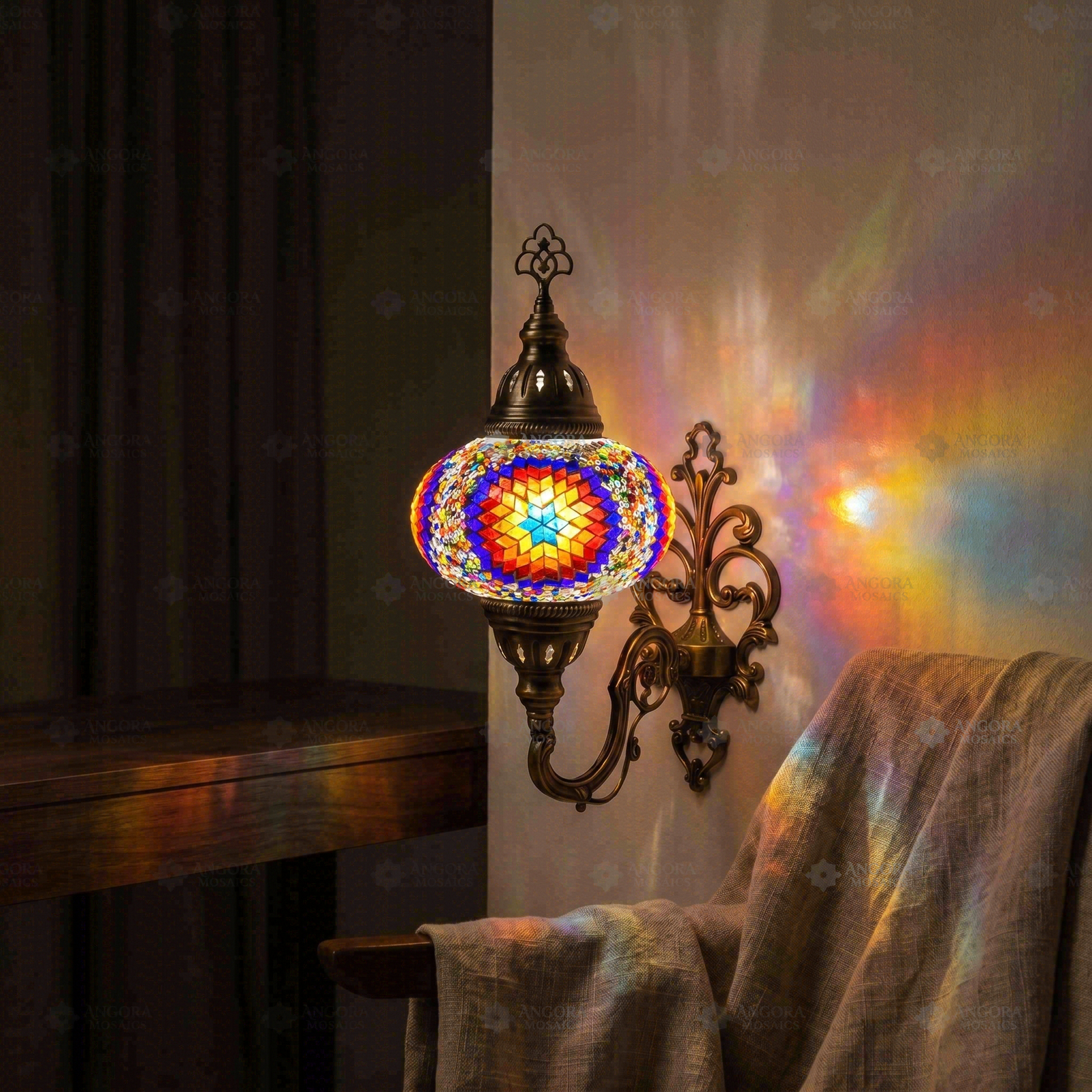 Multicolor multicolor jewel Turkish mosaic wall sconce in styled room — handmade Moroccan wall sconce (ENV APN3018)