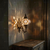 Warm Tones mixed warm Turkish mosaic wall sconce in styled room — handmade Moroccan wall sconce (ENV APN3019)