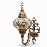 Full view of handmade Warm Tones mixed warm Turkish mosaic wall sconce on white background (ENV APN3019)