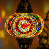 Lit close-up of mosaic glass globe — Multicolor wall sconce glowing (ENV APN3021)