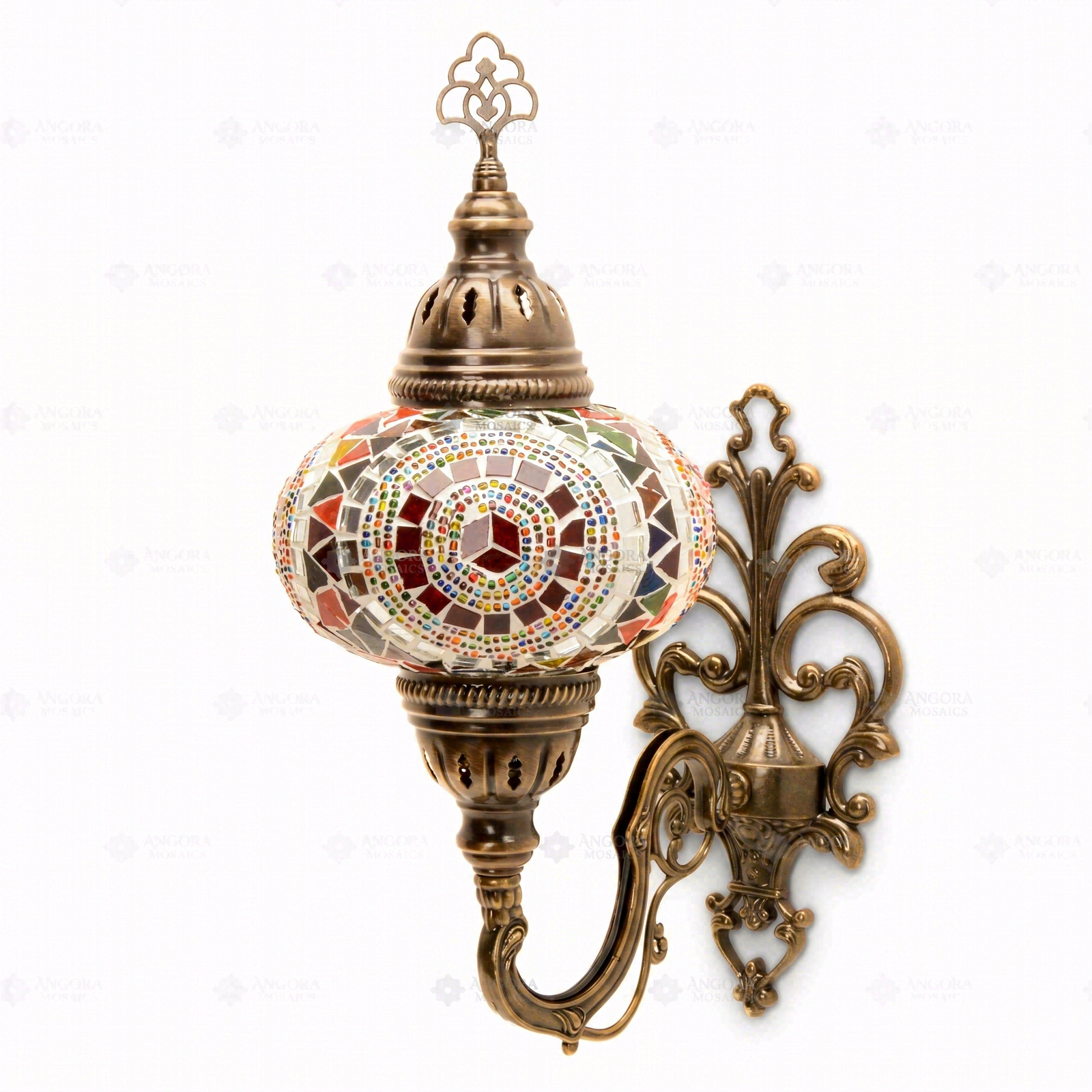 Full view of handmade Multicolor multicolor jewel Turkish mosaic wall sconce on white background (ENV APN3021)