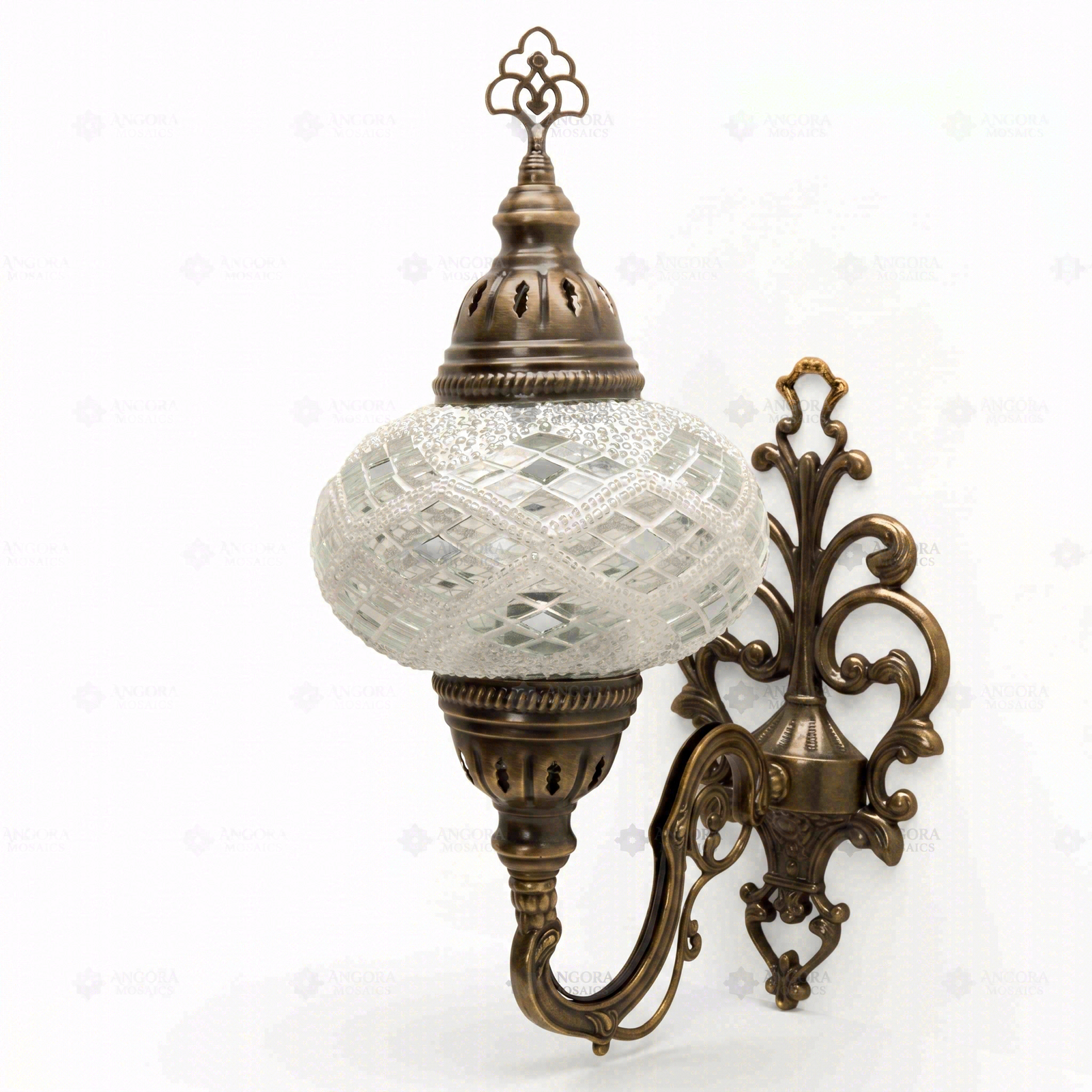 Full view of handmade White white glow Turkish mosaic wall sconce on white background (ENV APN3023)