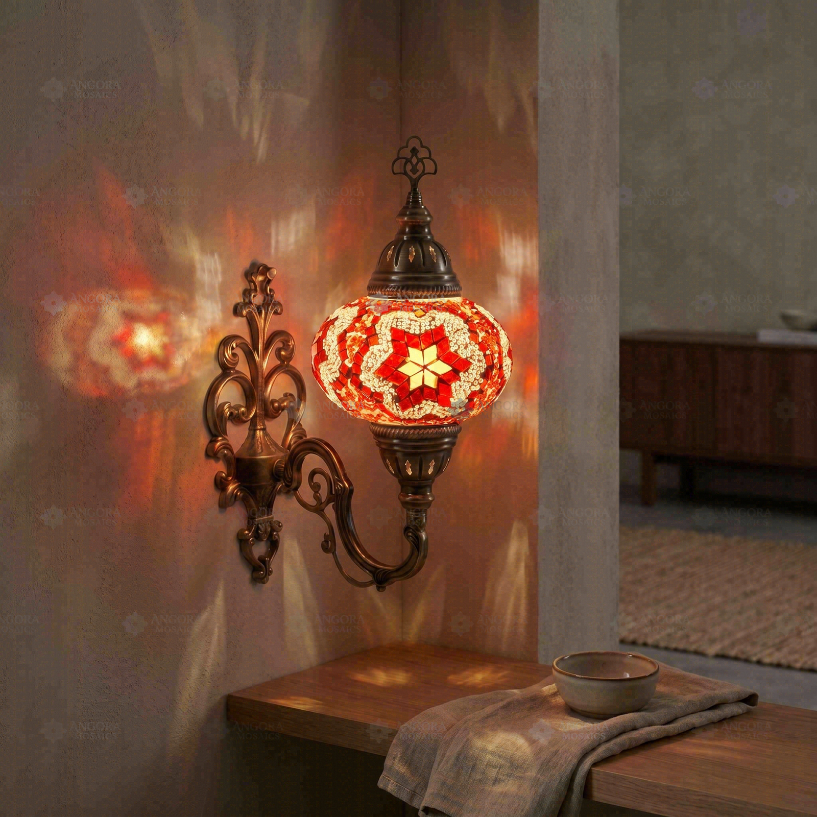 Red ruby red Turkish mosaic wall sconce in styled room — handmade Moroccan wall sconce (ENV APN3025)