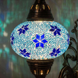 Lit close-up of mosaic glass globe — Blue wall sconce glowing (ENV APN3027)