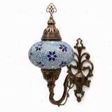 Full view of handmade Blue blue jewel Turkish mosaic wall sconce on white background (ENV APN3027)