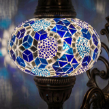Lit close-up of mosaic glass globe — Blue wall sconce glowing (ENV APN3028)