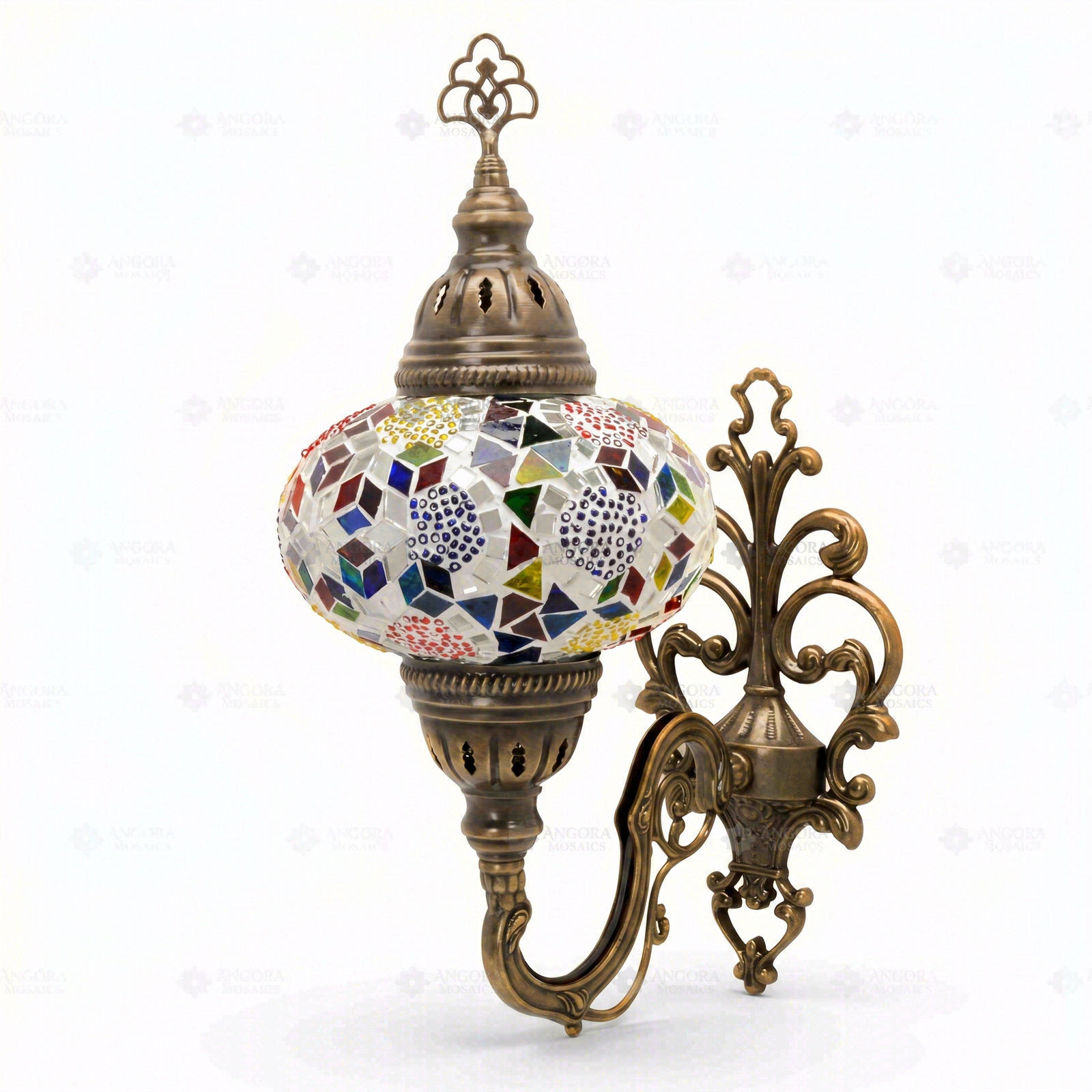 Full view of handmade Multicolor multicolor jewel Turkish mosaic wall sconce on white background (ENV APN3029)