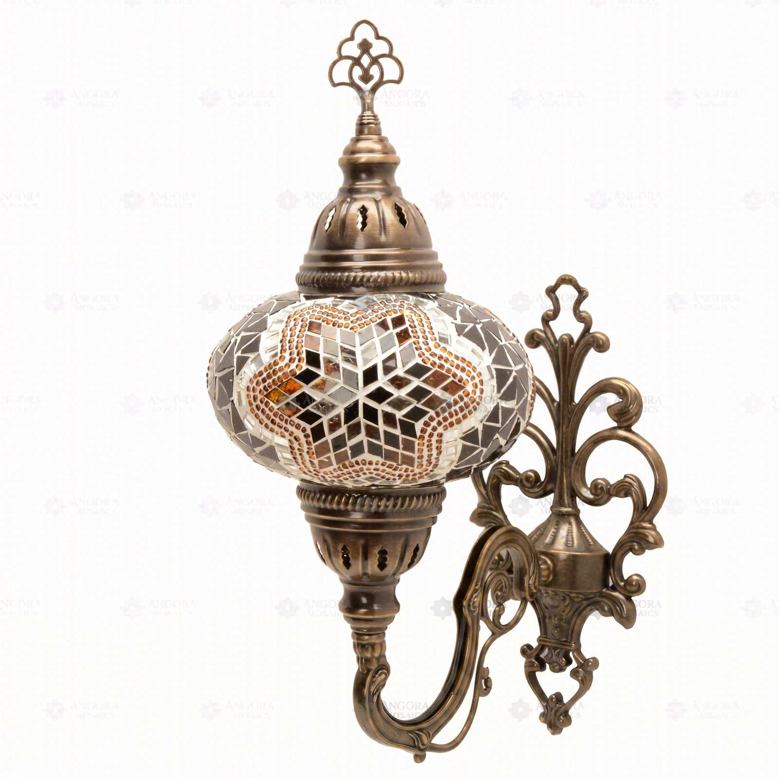 Full view of handmade Amber warm amber Turkish mosaic wall sconce on white background (ENV APN3031)