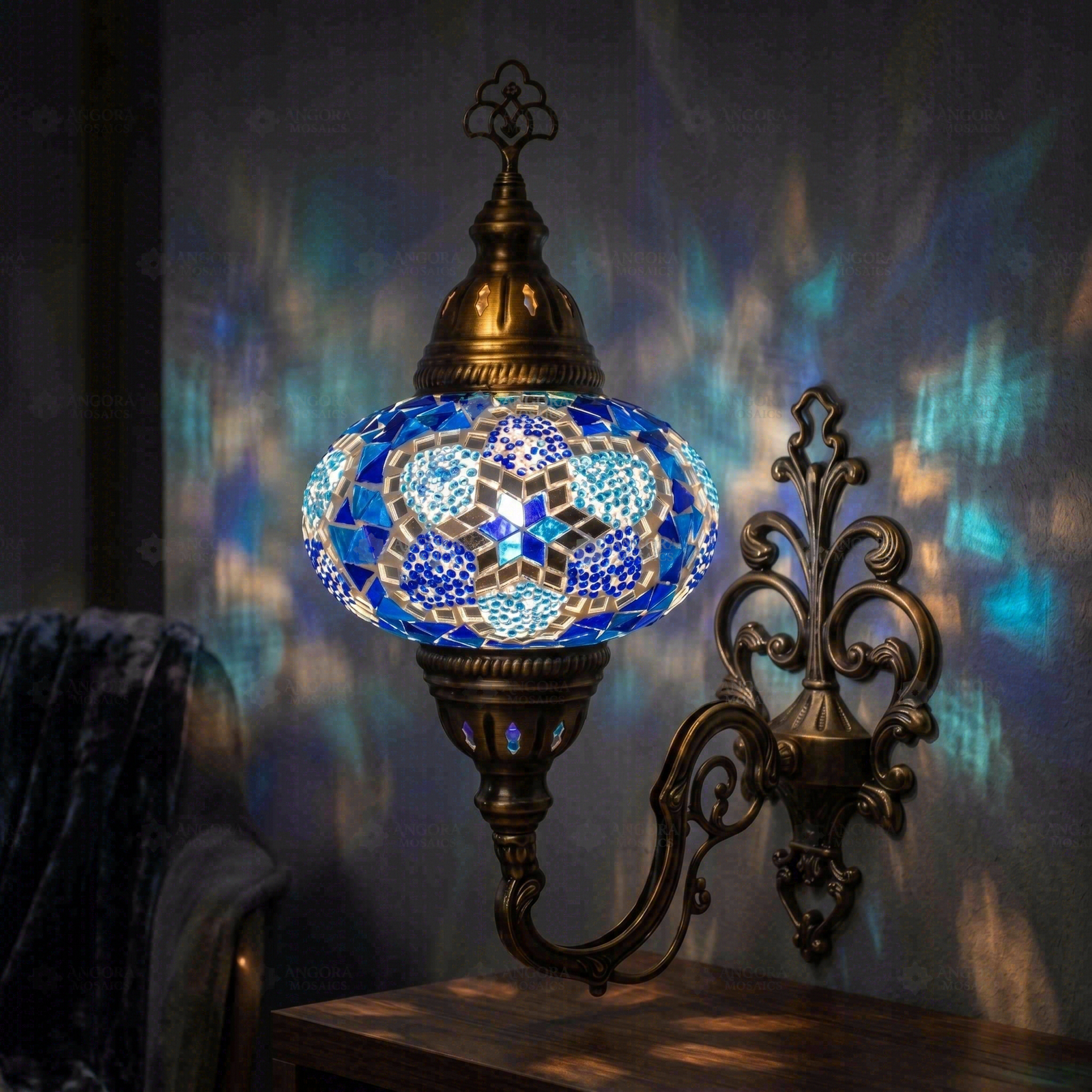 Blue blue jewel Turkish mosaic wall sconce in styled room — handmade Moroccan wall sconce (ENV APN3034)