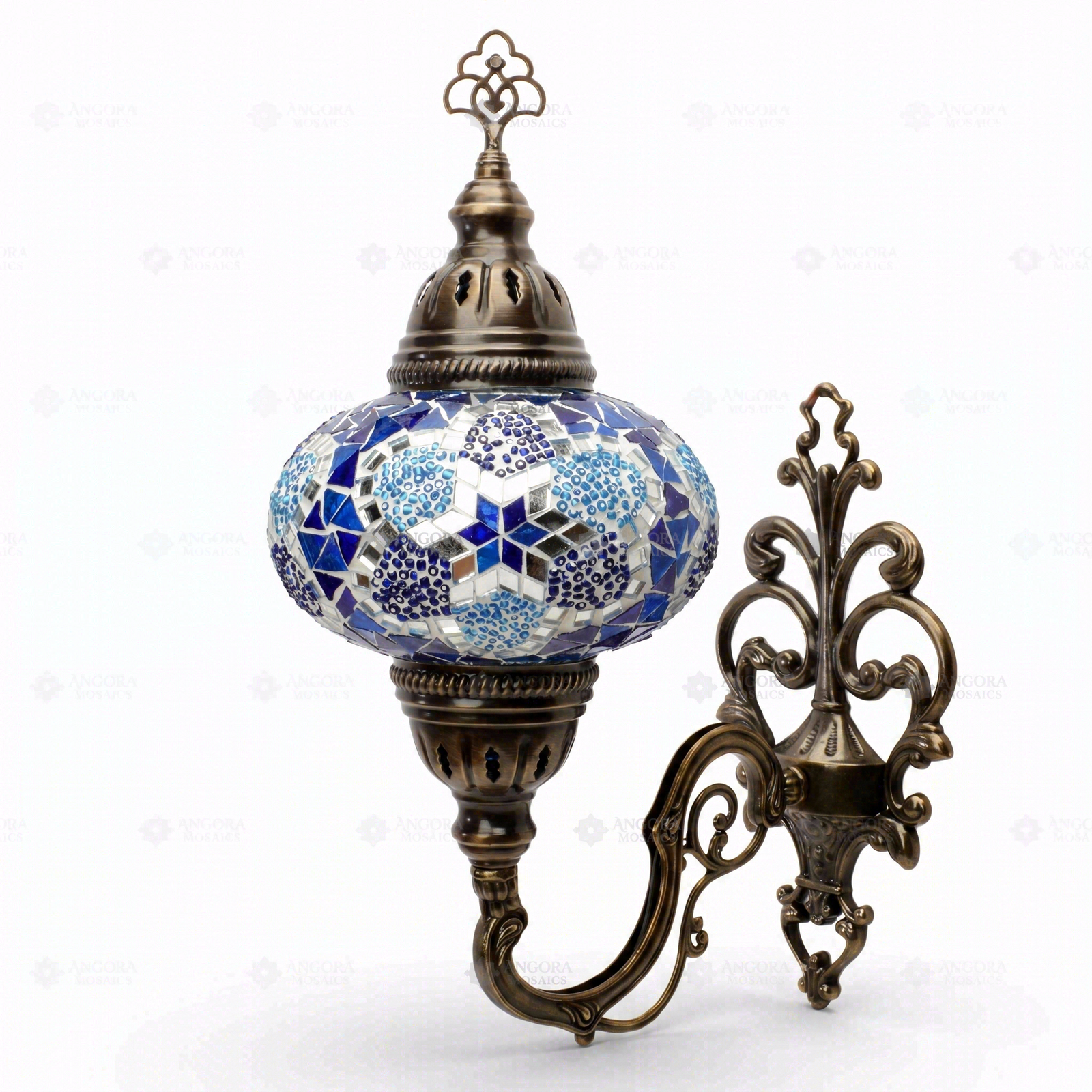 Full view of handmade Blue blue jewel Turkish mosaic wall sconce on white background (ENV APN3034)