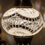Lit close-up of mosaic glass globe — White wall sconce glowing (ENV APN3036)