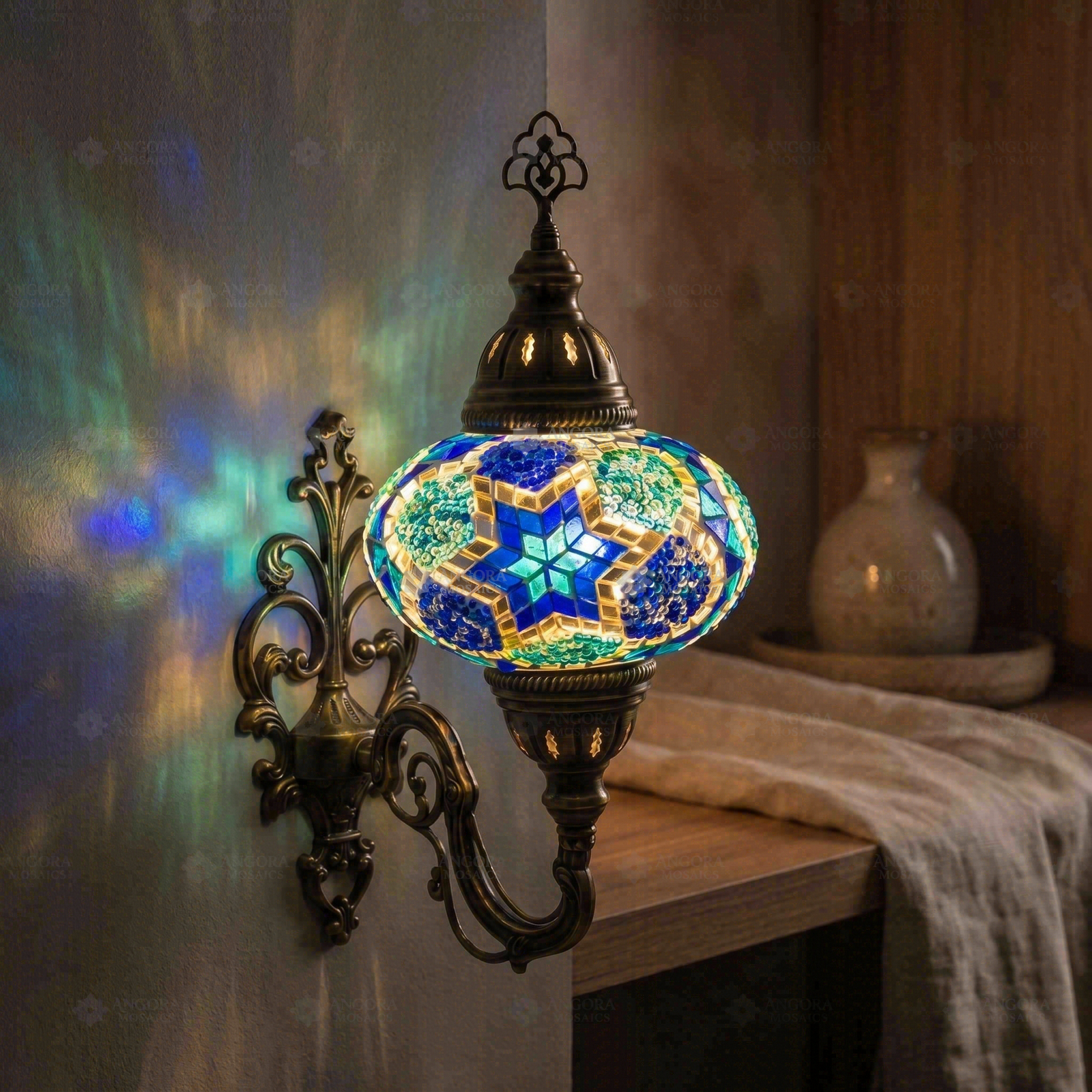 Blue blue jewel Turkish mosaic wall sconce in styled room — handmade Moroccan wall sconce (ENV APN3040)