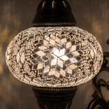 Lit close-up of mosaic glass globe — White wall sconce glowing (ENV APN3043)