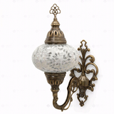 Full view of handmade White white glow Turkish mosaic wall sconce on white background (ENV APN3043)