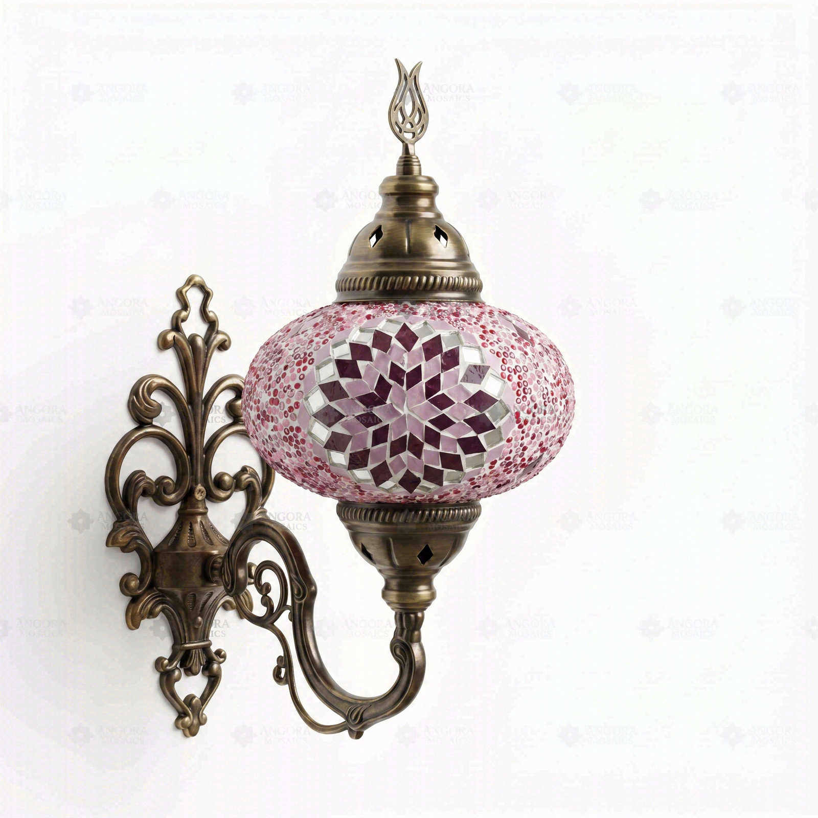 Full view of handmade Pink pink rose Turkish mosaic wall sconce on white background (ENV APN3044)