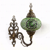 Full view of handmade Green green jewel Turkish mosaic wall sconce on white background (ENV APN3048)