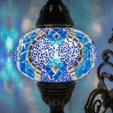Lit close-up of mosaic glass globe — Blue wall sconce glowing (ENV APN3053)