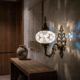 White white glow Turkish mosaic wall sconce in styled room — handmade Moroccan wall sconce (ENV APN3054)