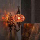 Red ruby red Turkish mosaic wall sconce in styled room — handmade Moroccan wall sconce (ENV APN3056)