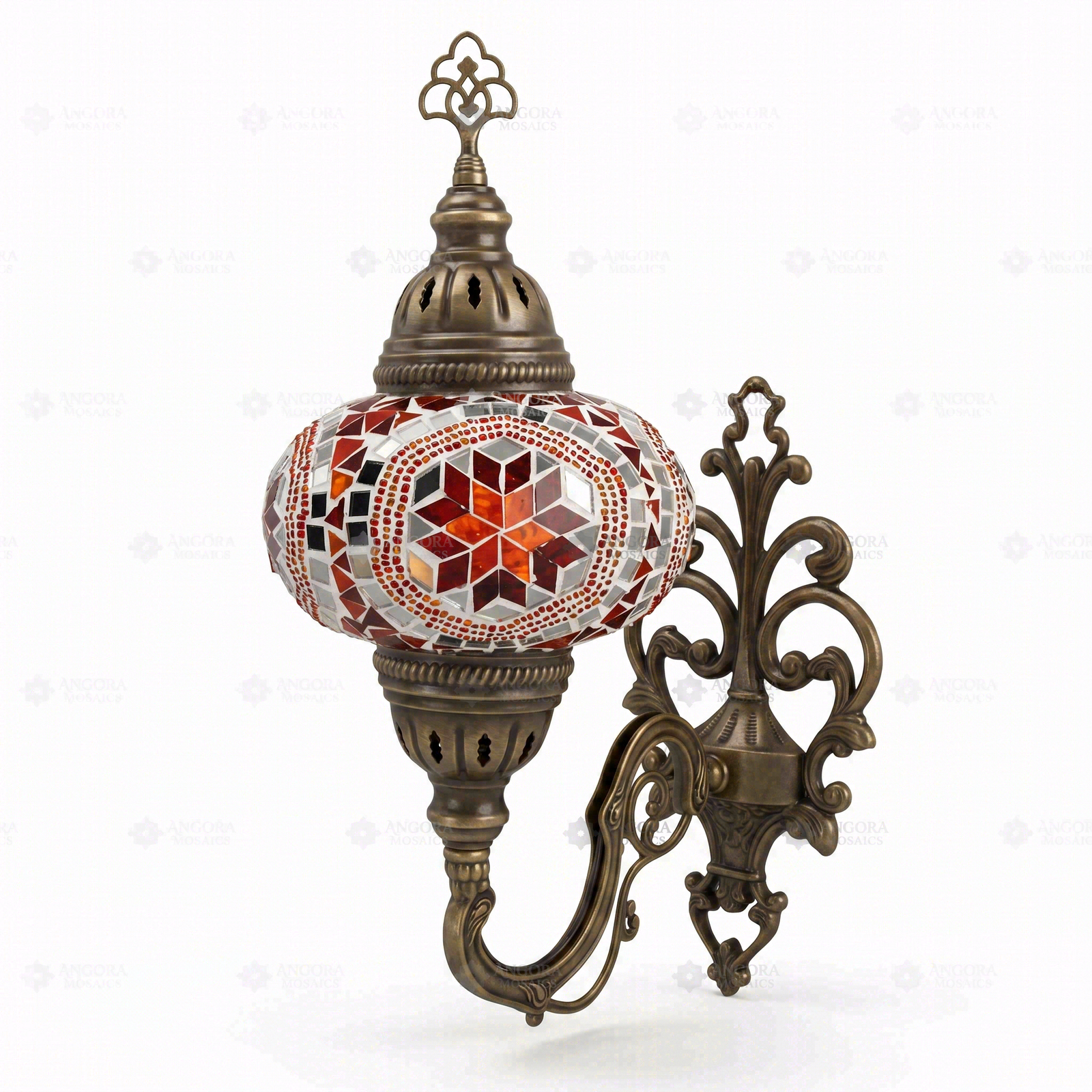 Full view of handmade Red ruby red Turkish mosaic wall sconce on white background (ENV APN3056)