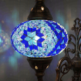 Lit close-up of mosaic glass globe — Blue wall sconce glowing (ENV APN3058)