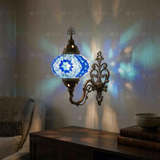 Blue blue jewel Turkish mosaic wall sconce in styled room — handmade Moroccan wall sconce (ENV APN3058)