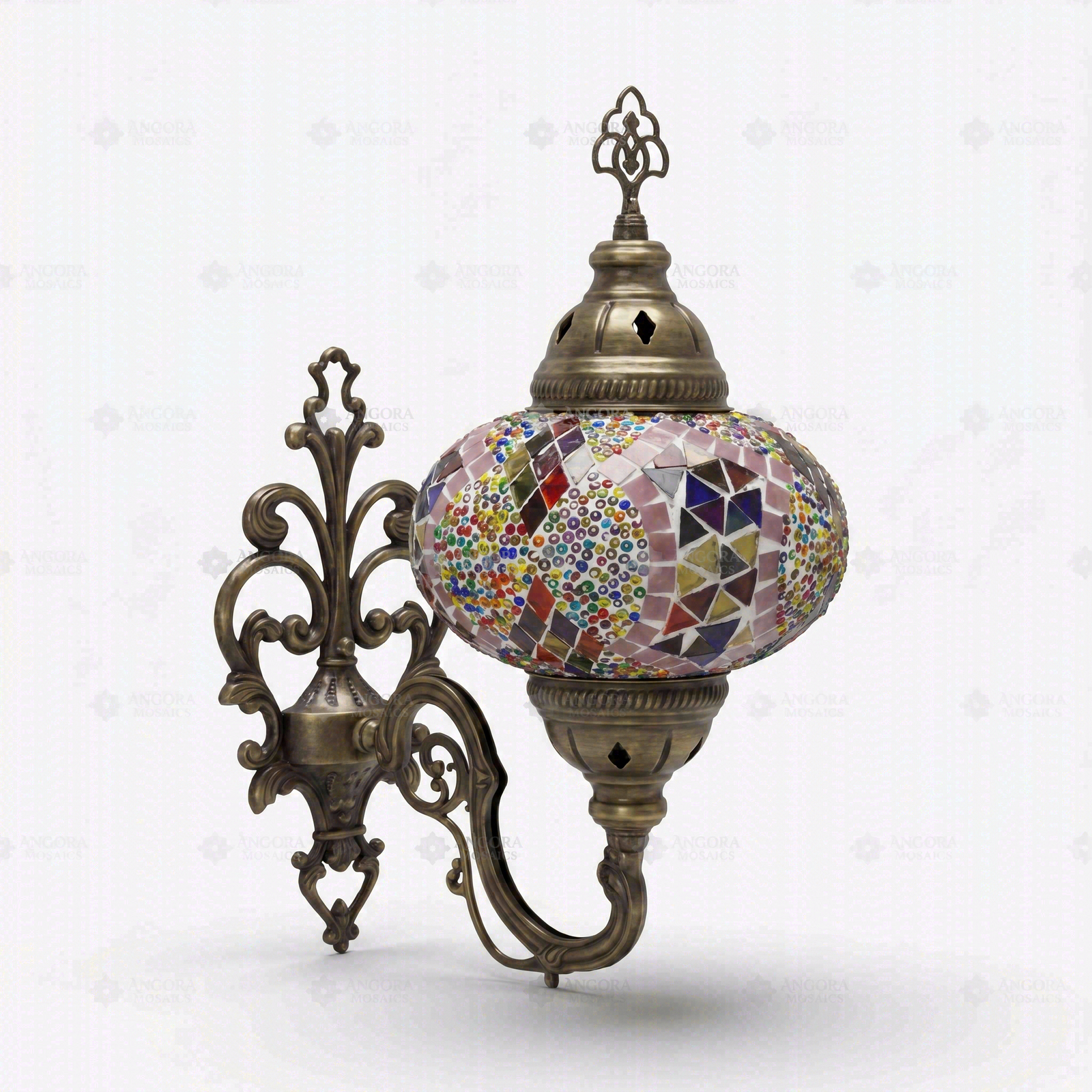 Full view of handmade Multicolor multicolor jewel Turkish mosaic wall sconce on white background (ENV APN3060)