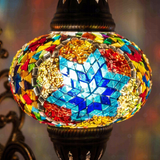 Lit close-up of mosaic glass globe — Multicolor wall sconce glowing (ENV APN3061)